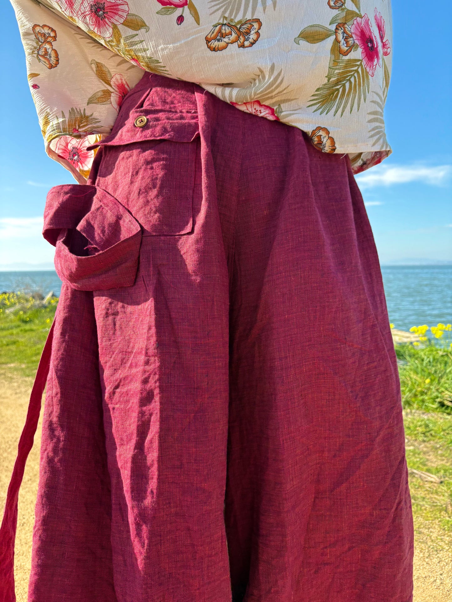 Two Tone Wine Red Linen Pants