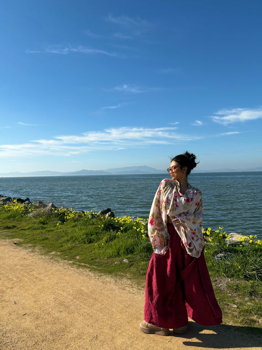 Two Tone Wine Red Linen Pants